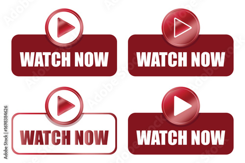 Watch now buttons. Video player symbol. Red rectangle Vector. Media control elements.
