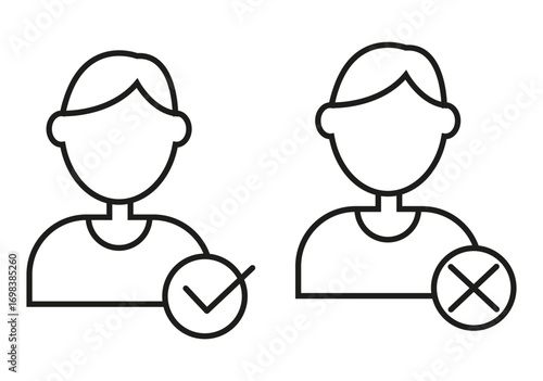 User profile approved. Account rejected status. Person outline icon. Vector avatar illustration.