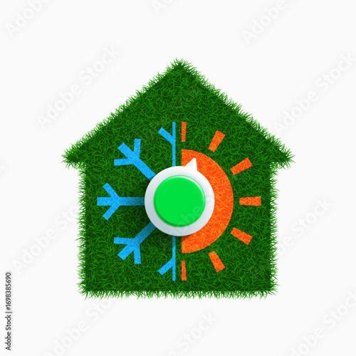 House with green leaves and thermostat controller warm and cold. House heating regulator. Isolated on a white background. Vector illustration
