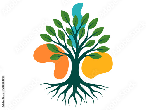Stylized Tree of Life illustration with abstract shapes. Symbolizes growth, nature, vitality, and connection. Perfect for designs related to health, wellness, environment, or spiritual themes.