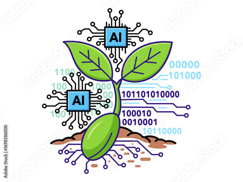AI in agriculture. A plant with circuit board leaves and AI chips, symbolizing the use of artificial intelligence to boost crop growth and analyze data in smart farming.