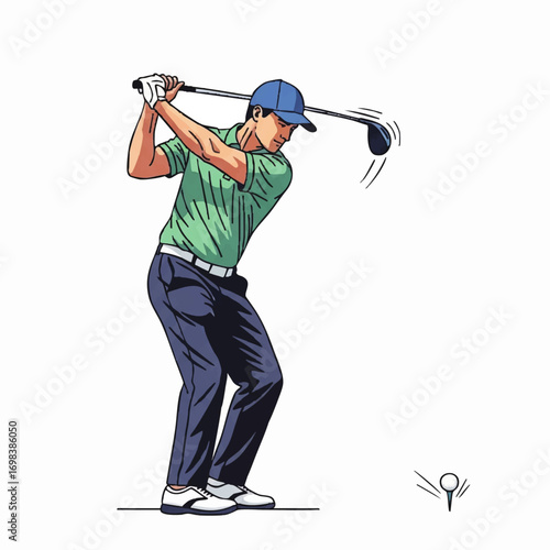 Vector Illustration of Male Golfer Swinging Club in Modern Style with Green and Blue Colors