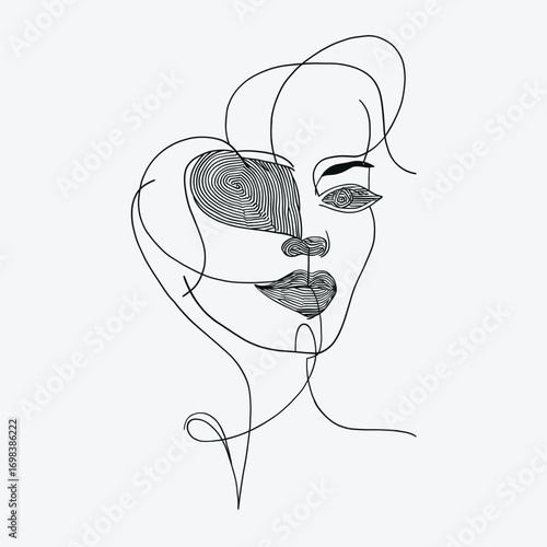 Modern abstract portrait of a human face in continuous line art style with creative geometric details, ideal for contemporary art and design projects