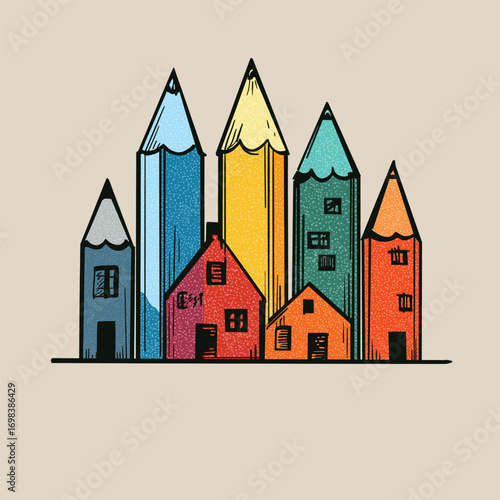 Artistic illustration of houses designed as colorful pencils, symbolizing imagination, creativity, and education