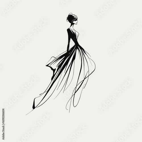 Minimalist line art fashion illustration of an elegant woman wearing a long flowing dress, perfect for fashion, beauty, and design projects