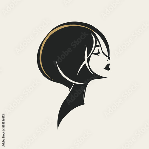 Minimalist logo of a woman profile with short bob haircut, ideal for modern beauty salons and stylists