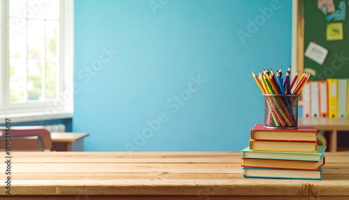 A classroom scene with colorful pencils and books