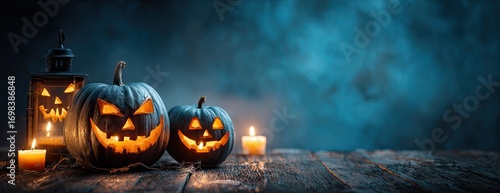 Spooky Halloween pumpkins with glowing faces and candles on a wooden table at night.