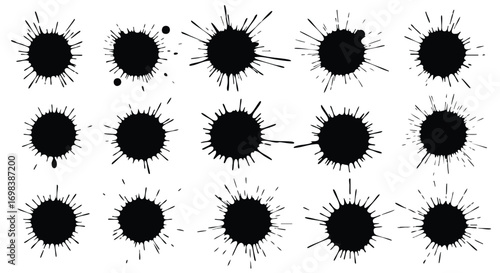 A collection of fifteen black ink splatter designs, each with a unique shape and radial spray pattern, isolated on a white background.