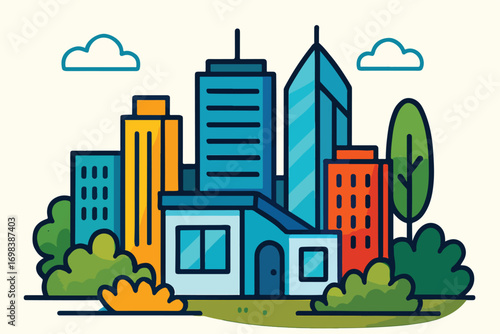City Skyline with Colorful Buildings