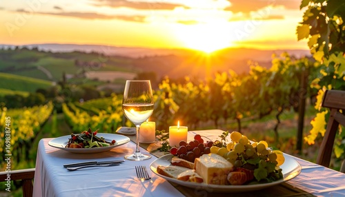 Dinner table set for two overlooks lush vineyard hills at sunset