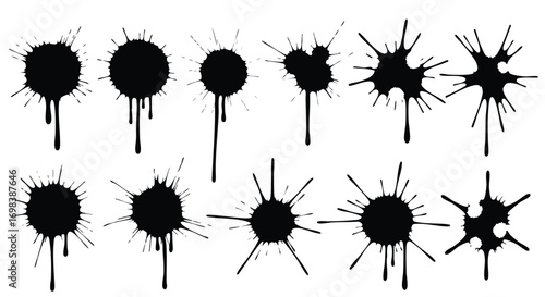 Collection of black ink splatters, drips, and blots isolated on white background.