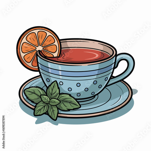 White porcelain teacup filled with a fresh, hot herbal drink with a lemon slice and mint leaf on a saucer