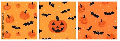 Set of three cute Halloween seamless patterns with pumpkins and bats.