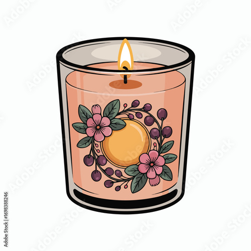 Isolated holiday decoration of a red burning candle with a glass cup and a flickering flame