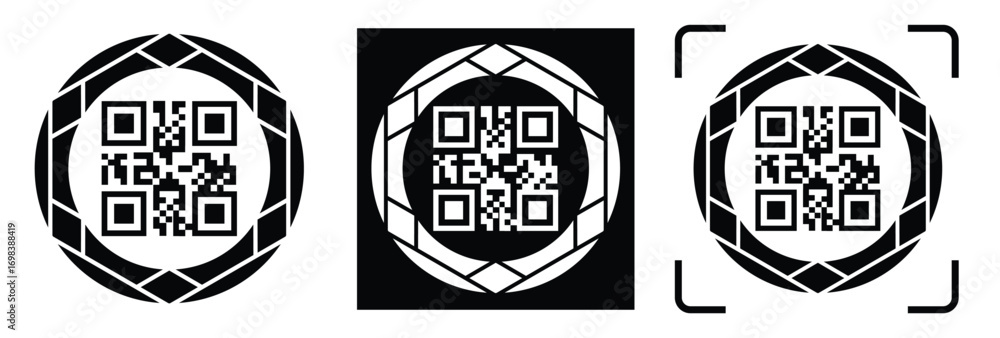 Obraz premium Minimalist QR code scanner icon set featuring three black and white variations with scan frames and mobile scanning concept. Clean flat vector symbols for apps, payment, barcode, technology, and UI de