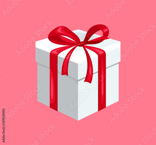 White gift box with red ribbon isolated on pink background. Vector cartoon flat illustration. 