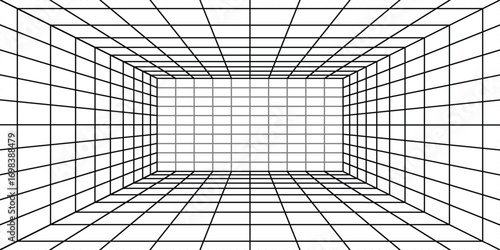 3d perspective of wireframe white room background. Empty futuristic digital rectangle laser line box interior with black mesh walls, sci fi matrix grid. Abstract virtual space render. 3D Illustration