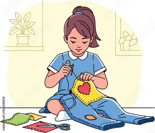 Young girl carefully sewing a decorative heart patch onto jeans.
