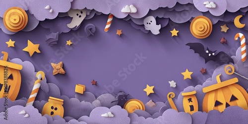 Spooky Halloween paper art background with pumpkins ghosts and bats.