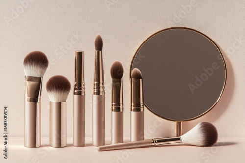 Elegant rose gold makeup brushes and a round mirror displayed on a smooth beige surface. Beauty cosmetic tools for delicate professional makeup application.