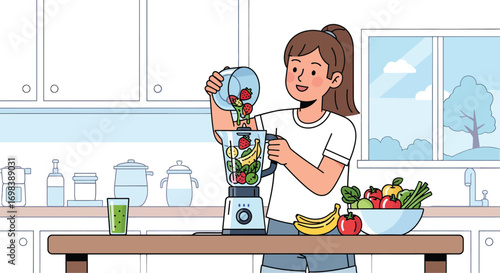 Young woman preparing a healthy fruit and vegetable smoothie.