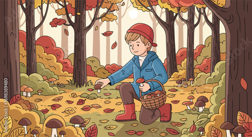 A young boy in a red hat carefully gathers mushrooms in the woods.