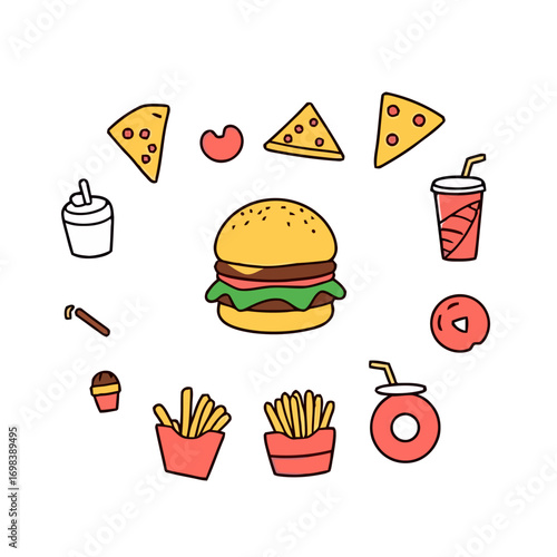Cute Colorful Doodle Food and Drink Icons Vector Pack for Cafe Menu Posters and Social Media Design