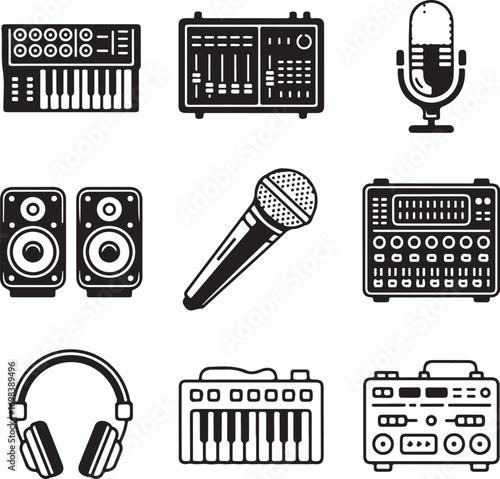Nine Detailed Music Production Icons Silhouette on White Background icon set audio engineering