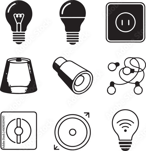 Set of nine detailed smart home lighting icons with transparent background vector