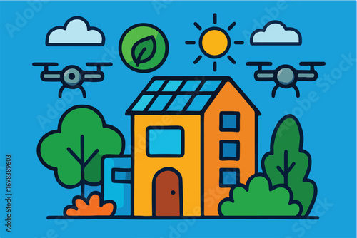 Modern Eco House with Solar Panels and Drones