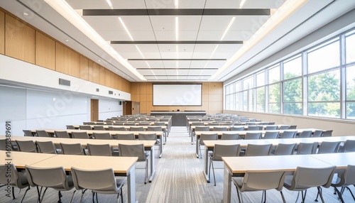 Spacious lecture hall with rows of desks, a large screen, and natural light streaming