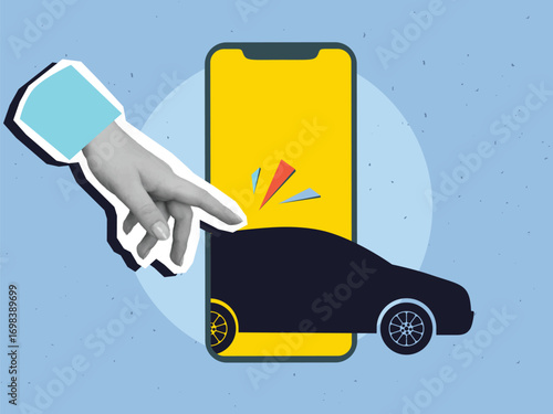 Black and white hand touches a black car silhouette coming out of smartphone screen. Modern collage style. Vector illustration