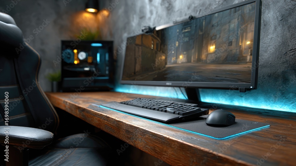 Fototapeta premium A modern gaming setup featuring a sleek monitor, keyboard, mouse, and a stylish chair, set against a dark, ambient backdrop.