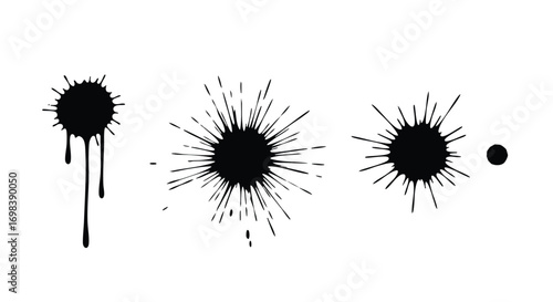 Black ink splatters and blots of varying sizes and shapes, isolated on white background.