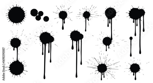Collection of black ink blots and splatters with drips, creating an abstract and artistic design on a white background.
