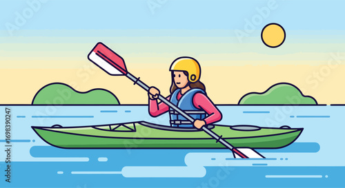 Cartoon illustration of a woman paddling a green kayak.