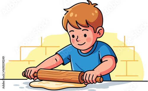 Cartoon illustration of a young boy baking with a rolling pin.