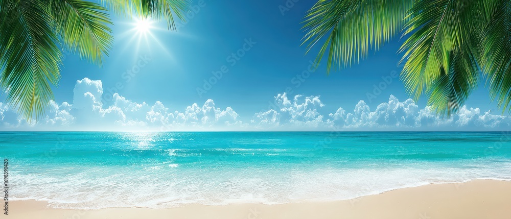 Fototapeta premium Tropical beach with turquoise water, clear sky, palm leaves, and sunlight reflecting on gentle waves