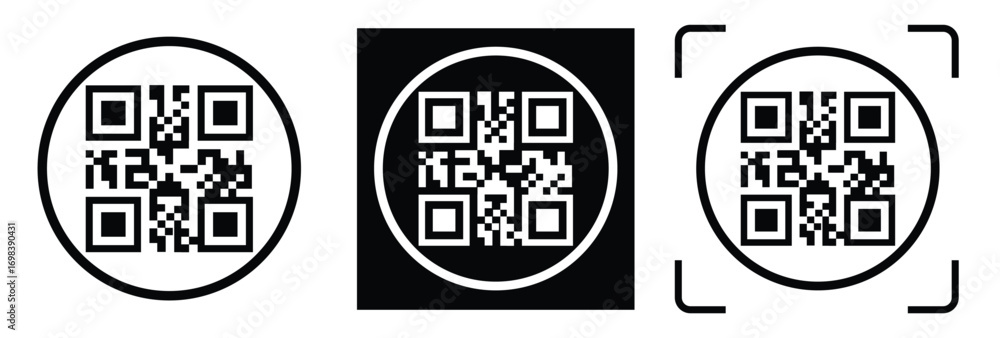 Obraz premium High-contrast black and white QR code with grid squares, centered in frame. Simple thin black border. Clean digital design, technical style, suitable for scanning or template use.