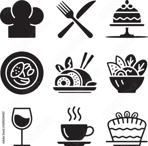 Nine Detailed Food Presentation Silhouettes On White Background nine items