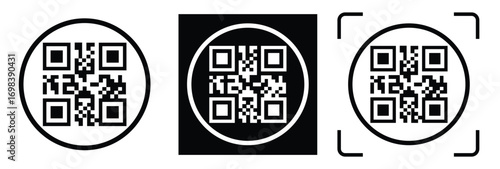 High-contrast black and white QR code with grid squares, centered in frame. Simple thin black border. Clean digital design, technical style, suitable for scanning or template use.