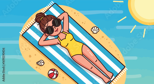 Cartoon woman in a yellow swimsuit sunbathing on a striped towel.