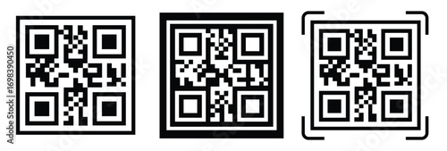 High-contrast black and white QR code with grid squares, centered in frame. Simple thin black border. Clean digital design, technical style, suitable for scanning or template use.