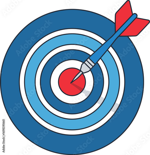 Dart arrow hitting the bullseye of a target board.