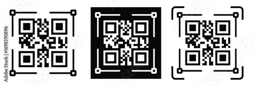 High-contrast black and white QR code with grid squares, centered in frame. Simple thin black border. Clean digital design, technical style, suitable for scanning or template use.