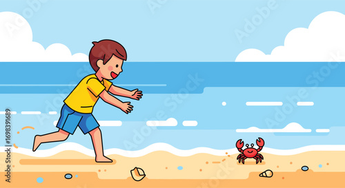 Happy young boy playfully chasing a small red crab on the sand.