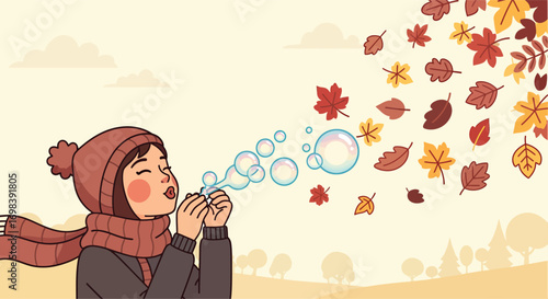 Illustrated girl in hijab and scarf blowing bubbles outdoors.