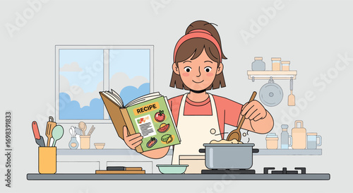 Illustrated woman happily cooking a meal while following a recipe book.