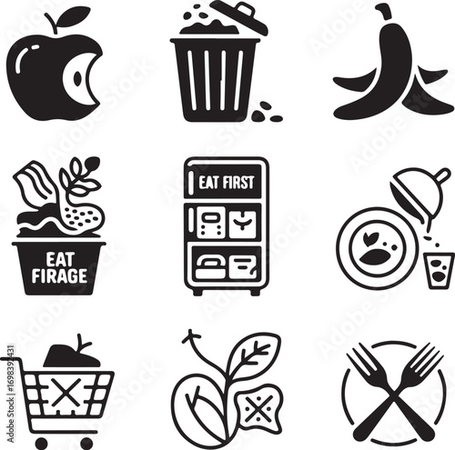 Set of nine detailed food waste reduction icons on white background sustainability recycling